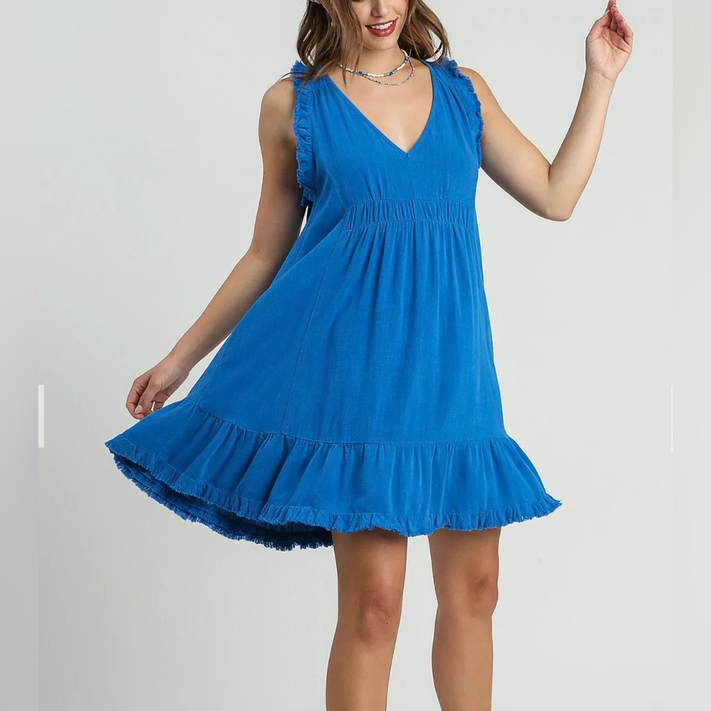 Umgee Royal Blue Ruffled V-Neck Swing Dress